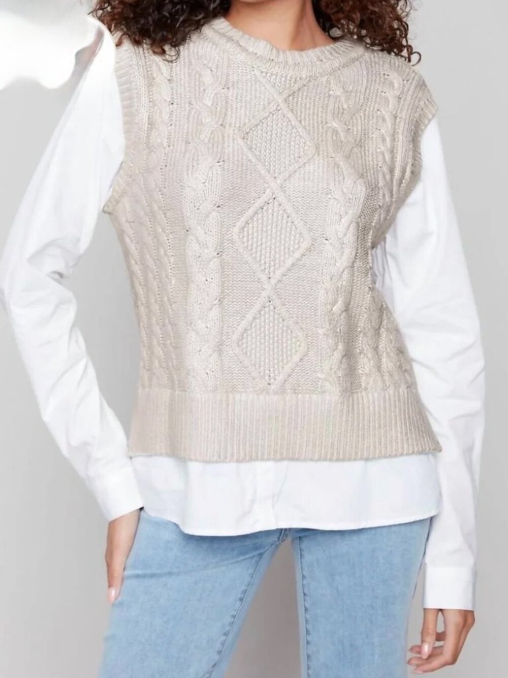 Charlie B Gold Foiled Beige Knit Fooler Vest XL White Blouse NWT